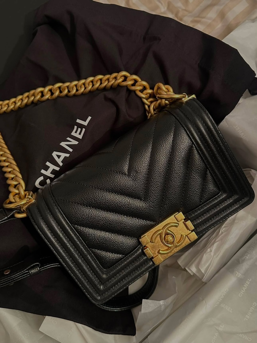 CHANEL Black Quilted Boy Flap Bag with Gold Hardware